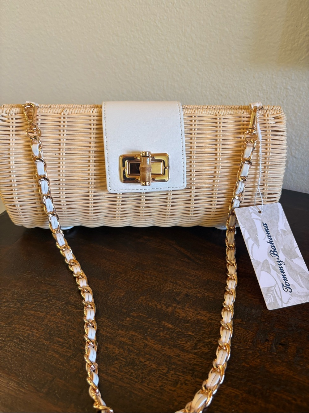 Tommy Bahama Cream Wicker Crossbody with Gold Chain